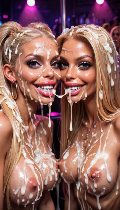 nightclub, 2girls, smirk at viewer, hyper hughe bukkake, excessive facial cum in hair, excessive cum in mouth, extremely dripping cum black eyes, extremely long blonde straight hair, (Ultra skinny, bimbofication:1.24)