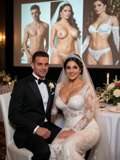 (ultra realistic photo:1.3), 8k UHD, (highly detailed:1.2), sharp focus, professional photography, cinematic lighting, raw photo, Fujifilm XT4, (detailed skin pores, hyper-realistic skin texture:1.2), A beautiful Persian Iranian curvy busty bride in a super tight micro sexy white lace wedding gown, deep V-neckline, sheer veil, and sparkling tiara, smiling happily. Beside her, a pale-skinned Iranian groom in a black tuxedo and bow tie, (smug expression, smirking, pleased:1.2), . They are seated at a wedding reception table with white linen, champagne glasses, and floral centerpieces. In the background, a, (large projection screen:1.3), clearly displaying highly detailed sexy and hot photos of the same bride in revealing tight lace lingerie and micro bikini poses, seductive expressions, explicit body details. Warm ambient reception lighting, shallow depth of field, bokeh background, high dynamic range, photorealistic, (intricate lace details, fabric textures:1.1), 8k resolution, masterpiece, highly defined features.