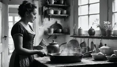 18 century, the young 18-year-old son exposes his malehood to his stepmother. She is working in the kitchen, she is excited as she realize his erection, FRESHIDEAS, Real, Photography, 2#, Black, and, white, art, black, shading, charcoal, toned, brutal, dark, b/w, color, scheme, <lora:FRESHIDEAS Real Photography 2#:.6>, <lora:Black and white art.V1:.1>, <lora:MJ52:.4>, <lora:add-detail-xl:.9>