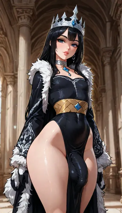 (((Style, vector art, 2d cel shaded, thick outline, jack cayless, personalami))), (1 greek Futanari), futanari, tiny flat chest, (beatiful face), cute, very beatiful, (((very short spiky black hair))), (blue eyes), big lips, thick lips, (princess black clothes), (big fur clothes), (big silver choker), ((feminine silver crown)), rich jewelry, (fit body), tiny waist, (small ass), ((massive thighs)), large cock bulge, stand up, in a greek castle, <lora:add-detail-xl:1.2>, <lora:attractive_notrigger:1.2>, <lora:detailed_notrigger:1.2>, <lora:LCMTurboMix_Euler_A_fix:1.2>, <lora:outline_xl_kohaku_delta_spv5x:.6>