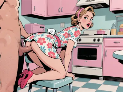 Hentai style, 2D, flat colored illustration, mate finish, ink-style shading, high contrast, digital hentai illustration, 1950s American kitchen, sharp detailed face, charming housewife, knees on a chair fucked by the dick of a standing man who is mostly out of frame, orgasm, fitted floral dress moved up to ass, victory rolls hairstyle, pastel pink retro appliances, checkered tile floor, 2d flat hentai aesthetic, detailed high-end hentai style. All rendered with hand-drawn ink outlines, ink outlined background, retro cell-shading with flat sharp shadows, vibrant. Big eyes