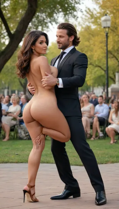 A handsome 35-year-old guy in a black suit and shoes, dancing a waltz with a beautiful naked, (((tanned))), 30-years-old dark haired girl in black stiletto sandals with hairy pussy ahd, (((wide ass))), on stage in hight park. People applaud. High realism and detail, 8K, a masterpiece