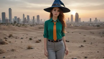 ((in avant‑garde painting style), (pop-art style), (cartoon style), (comix style)), short cheerful red-haired freckled girl, (boyish figure), blue wide-brimmed pointed hat, green oversized men's shirt, men's long wide orange tie, gray oversized men's wide trousers with turned-up legs and belted with leather belt, yellow shoes, clothes clearly from someone else's shoulder, around dull almost moon-like landscape to the horizon, gray rocks and gray sand under a pale yellow sky, huge ominous skyscrapers and towers of a cyberpunk-style city on horizon, the bright appearance of the girl contrasts with the gray-pastel range of the surroundings and the gloomy dark perspective of the city, sun or other light sources are not visible, lighting is even almost without shadows, girl stands on right side of frame sideways to viewer, half-turned, thoughtfully looking at city, view from aside.

side view, outside city, in grey sand-rock desert, city on horizon, yellow sky, no sun, may be alien planet, girl drawn in very bright neon colors, hard contrast colors, (orange tie:1.4), (grey trousers:1.4), (green shirt:1.5), (blue witch-style hat:1.5), (single:1.7), (solo:1.7), (whole body visible:1.7)