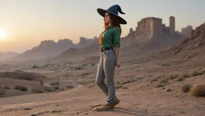 ((in avant‑garde painting style), (pop-art style), (cartoon style), (comix style)), short cheerful red-haired freckled girl, (boyish figure), blue wide-brimmed pointed hat, green oversized men's shirt, men's long wide orange tie, gray oversized men's wide trousers with turned-up legs and belted with leather belt, yellow shoes, clothes clearly from someone else's shoulder, around dull almost moon-like landscape to the horizon, gray rocks and gray sand under a pale yellow sky, huge ominous skyscrapers and towers of a cyberpunk-style city on horizon, the bright appearance of the girl contrasts with the gray-pastel range of the surroundings and the gloomy dark perspective of the city, sun or other light sources are not visible, lighting is even almost without shadows, girl stands on right side of frame sideways to viewer, half-turned, thoughtfully looking at city, view from aside.

side view, outside city, in grey sand-rock desert, city on horizon, yellow sky, no sun, may be alien planet, girl drawn in very bright neon colors, hard contrast colors, (orange tie:1.4), (grey trousers:1.4), (green shirt:1.5), (blue witch-style hat:1.5), (single:1.7), (solo:1.7), (whole body visible:1.7)