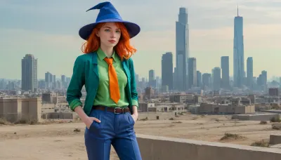 ((in avant‑garde painting style), (pop-art style), (cartoon style), (comix style)), short cheerful red-haired freckled girl, (boyish figure), blue wide-brimmed pointed hat, green oversized men's shirt, men's long wide orange tie, gray oversized men's wide trousers with turned-up legs and belted with leather belt, yellow shoes, clothes clearly from someone else's shoulder, around dull almost moon-like landscape to the horizon, gray rocks and gray sand under a pale yellow sky, huge ominous skyscrapers and towers of a cyberpunk-style city on horizon, the bright appearance of the girl contrasts with the gray-pastel range of the surroundings and the gloomy dark perspective of the city, sun or other light sources are not visible, lighting is even almost without shadows, girl stands on right side of frame sideways to viewer, half-turned, thoughtfully looking at city, view from aside.

side view, (grey rocky desert), city on horizon, yellow sky, no sun, may be alien planet, girl drawn in very bright neon colors, hard contrast colors, (orange tie:1.4), (grey trousers:1.4), (green shirt:1.5), (blue witch-style hat:1.5), (single:1.7), (solo:1.7), (whole body visible:1.7)