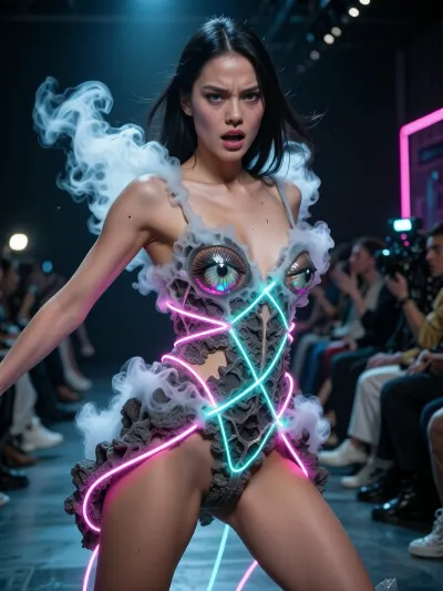 A dynamic, ultra-trendy full-length shot of a striking model in motion, capturing an unconventional, avant-garde pose on a futuristic catwalk. Her face conveys an intense, fierce emotional expressiveness, brimming with energy and strength. She is wearing a surreal, whimsical haute couture ensemble, crafted from structured, solidified volcanic smoke interwoven with kinetic, glowing neon fibre-optic cables that wrap around her body in geometric patterns. Her body’s anatomy is sharply defined, and her flawless, natural skin, with visible pores, is visible from head to toe. Her eyes are wide open and mesmerising, revealing intricate macro-details of luminous, multi-layered irises and realistic, shimmering reflections. The dramatic motion blur effect in the background, with the blurred silhouettes of the fashion show audience and camera flashes, conveys a sense of high energy. Contrast-rich lighting on the catwalk with deep shadows, neon blue and bright pink contour lights, 8K resolution, (a cinematic masterpiece)