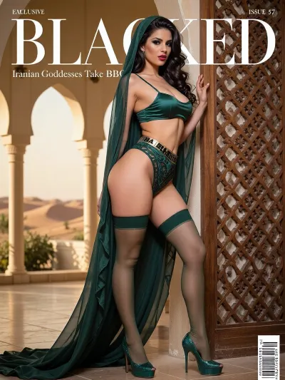 Magazine cover of BLACKED, bold white BLACKED text centered at the very top, directly below it short text “Iranian Goddesses Take BBC”, modern Iranian desert villa with large arched windows and soft golden hour light, cute natural authentic Iranian woman mid-20s with delicate oval face, bright expressive eyes, soft features, long wavy dark hair under a long flowing deep forest-green sheer veil, heavy traditional Iranian makeup with thick arched brows, heavy smoky eyes and deep berry lips, graceful full feminine figure with soft rounded hips and natural curves, wearing a ultra-modern deep forest-green structured satin lingerie set consisting of a tiny strapless bandeau top, matching high-cut bottoms, a sculpted corset-garter hybrid piece with thin elastic band that says BLACKED in black letters, and opaque deep forest-green stockings with reinforced heel, standing in a strongly arched-back pose with chest forward and one hand sliding down her side while holding the veil, next to a traditional Iranian carved wooden screen, glossy forest-green stiletto heels, warm golden light, exact same face of the girl, consistent face, (seed:1), magazine elements, “EXCLUSIVE” upper left, barcode bottom right, “ISSUE 57” top right, ultra-detailed 8k