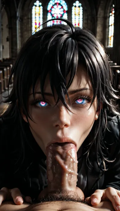 Yukinoshita Yukino, looking at viewer, deepthroat, deep throat, fellatio pov, blank eyes, mind control, ahegao, church, <lora:dark:2>, <lora:photorealistic_portrait_notrigger:2>, <lora:attractive_notrigger:2>