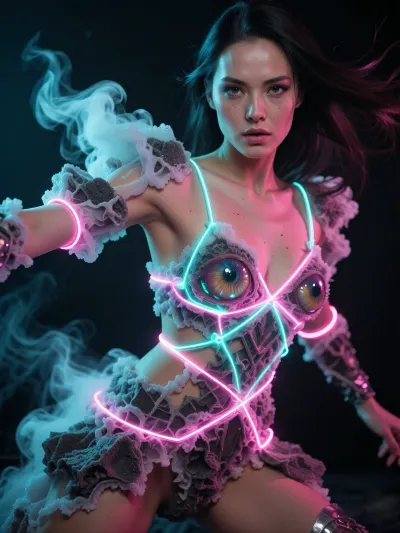 A dynamic, ultra-trendy full-length shot of a striking model in motion, capturing an unconventional, avant-garde pose on a futuristic catwalk. Her face conveys an intense, fierce emotional expressiveness, brimming with energy and strength. She is wearing a surreal, whimsical haute couture ensemble, crafted from structured, solidified volcanic smoke interwoven with kinetic, glowing neon fibre-optic cables that wrap around her body in geometric patterns. Her body’s anatomy is sharply defined, and her flawless, natural skin, with visible pores, is visible from head to toe. Her eyes are wide open and mesmerising, revealing intricate macro-details of luminous, multi-layered irises and realistic, shimmering reflections. The dramatic motion blur effect in the background, with the blurred silhouettes of the fashion show audience and camera flashes, conveys a sense of high energy. Contrast-rich lighting on the catwalk with deep shadows, neon blue and bright pink contour lights, 8K resolution, (a cinematic masterpiece)