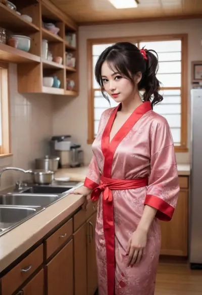 (scene from hand-drawn hentai manga:1.3), hot japanese busty milf, ordinary housewife in open kimono, typical japan kitchen as background