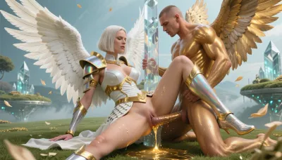 1 man, 1 woman, man penetrating woman, (masterpiece, best quality, photorealistic, 8k, UHD, realistic, extreme explicit), full body shot, cinematic side-profile.

Character Identity, (TULSA-77214:1.2), Invincible Angelic Warrior form, platinum blonde precision bob haircut, square face shape, expression of divine ecstasy and power., (massive unfurled brilliant white wings:1.4), enveloping the partner.

The Partner, (Solar Angel:1.3), towering muscular male, glowing golden skin, massive feathered wings, expression of intense passion.

The Act, (extreme vaginal stretching:1.5), pinned against a translucent quartz pillar, legs wrapped around waist, (massive divine penis:1.4), with iridescent glow and thick girth buried deep in her vagina, pelvic bones colliding, visceral friction.

Wardrobe/Details, White gold armor pieces straining over huge tits, ivory scale-mail skirt pushed aside to reveal the point of connection, plump thighs gripping his golden waist, glistening skin with divine sweat.

Fluids, (shimmering golden nectar:1.3), iridescent lubrication dripping from the point of penetration, glowing gold cum leaking and splashing onto the emerald grass.

Environment, The Floating Gardens of Aether, translucent quartz architecture, emerald green grass, gold-tinted mist, floating petals, ethereal heavenly lighting.

Technical Details, High contrast between, (platinum blonde hair), and, (golden skin), extreme detail on the stretching of the vaginal opening to accommodate the girth, cinematic rim lighting highlighting the silhouette of two pairs of massive wings.

Vibe, Divine harmony, monumental scale, athletic eroticism, the union of two invincible gods.