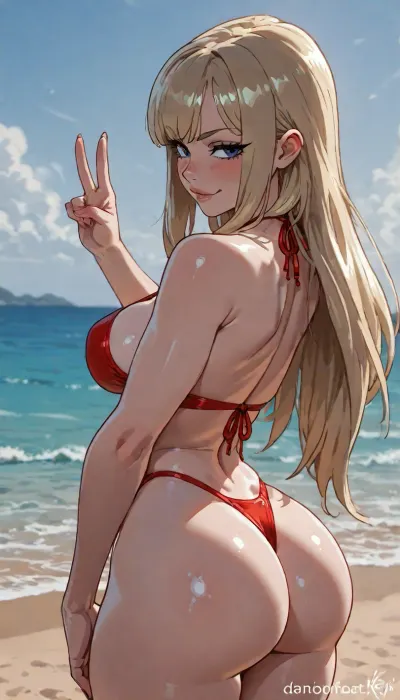 Score_9, score_8_up, score_7_up, ((kajinman art style:1.5), (dandonfuga art style:1.6)), solo, masterpiece, (1woman), At beach, sea at background, ((front view:1)), Smirking american blonde, (peace with one hand, barely showing ass:1), straight long hair, mid parted hair, bright day, red bikini lineart, line, art, flat, colors, color, <lora:outline_xl_kohaku_delta_spv5x:1.2>, <lora:EnvyBeautyXL02:.4>, <lora:lineartSDXL:.9>