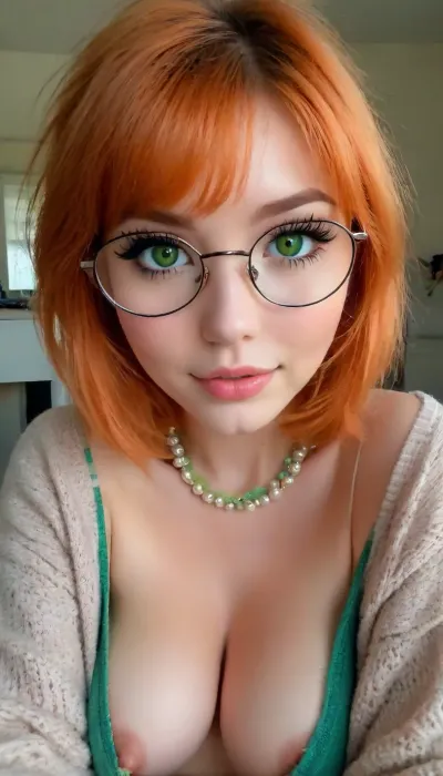 woman, anime style, (((downblouse))), sweater, messy short orange bobcut hair, cute, innocent expression, large round glasses, pearl necklace, 20 years old, large bright green eyes, ((very long eyelashes)), office, low angle shot, puffy, nipples, dark, ghost, wide, but, Stable-Yogis-Makeup-Enhancer-XL, <lora:RealDownblouseXL2:2>, <lora:Nipples XL:1.2>, <lora:BUT_SDXL_SHS:2>, <lora:attractive_notrigger:2>
