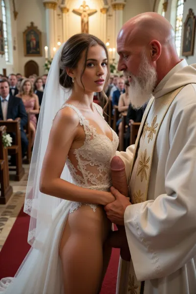 Full body, masterpiece, best quality, RAW picture, full face, heterosexual sex, doggy style, church wedding background, 1 young bride, 1 very old priest, bride and priest having anal sex during wedding, in front of groom, priest is bald and has a long white beard, big excited dick, priest fucks bride in asshole, bride standing, priest stands behind bride, priest holds bride by the waist and pull her onto his large erect penis, in church altar, wedding decorated church, full church, focus on audience sitting on church benches, audience attentive, focus on crowd, [[masterpiece, 8k, RAW photo, portrait, best quality, ultra high res, photorealistic, cinematic lighting, depth of field, lens flare]], crowd, of, people