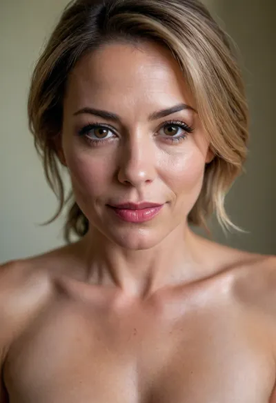 headshot, closeup portrait, naked gorgeous 40yo porn actress, looking straight at the camera, frontal view, mugshot view, shy smile, luscious lips