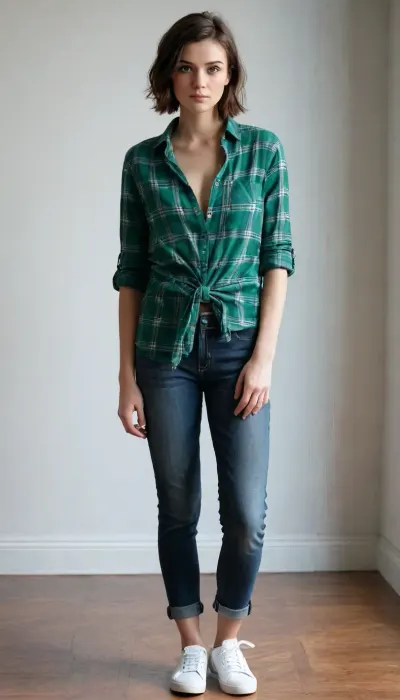 (model casting photograph), slim brunette, (very short boyish haircut), extremely pretty face, paper-white skin, boyish figure, boyish flat chested, bright green eyes, small ass, narrow hips, long slender legs, wearing unbuttoned cotton plaid shirt tied at the waist and skinny jeans with sneakers, (fully open shirt with no underwear)