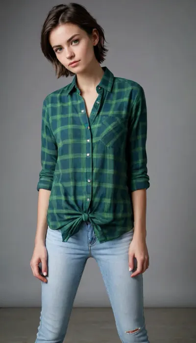 (model casting photograph), slim brunette, (very short boyish haircut), extremely pretty face, paper-white skin, boyish figure, boyish flat chested, bright green eyes, small ass, narrow hips, long slender legs, wearing unbuttoned cotton plaid shirt tied at the waist and skinny jeans with sneakers, (fully open shirt with no underwear)