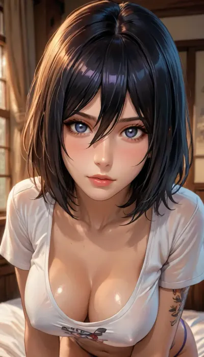 (masterpiece), reiq style, (high resolution), Mikasa Ackerman from Attack on Titan, (DOA), mid 30s, fair skin, slender, narrow face, freckles, tattoos, large breasts, erect nipples, ((hyper long black hair)), ((hair goes past her waist)), purple hipster panties, oversized white t-shirt, cleavage, no bra, thong straps showing, slightly bending forward, view down her shirt, <lora:add-detail-xl:1.2>, <lora:attractive_notrigger:1.2>, <lora:detailed_notrigger:1.2>, <lora:LCMTurboMix_Euler_A_fix:1.2>