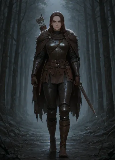 A young woman huntress in a dark fantasy setting, named Lira Vereskova, mid-20s, athletic and lean build from a life of hunting, sharp angular face with high cheekbones, pale skin with a few faint scars, intense tired grey-green eyes, long dark brown hair tied in a messy practical braid with loose strands, wearing worn dark leather armor, a heavy wolf-fur cloak draped over her shoulders, longbow and quiver of arrows on her back, short sword and hunting knife at her belt, muddy boots, standing in a foggy ash-covered village at the edge of a black twisted forest, cold grey morning light, dark atmospheric mood, highly detailed face, realistic skin texture, cinematic lighting, dark fantasy style, grim and gritty atmosphere