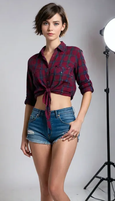 (model casting photograph), slim brunette, (very short boyish haircut), extremely pretty face, paper-white skin, boyish figure, boyish flat chested, bright green eyes, small ass, narrow hips, long slender legs, she's right in front of camera, looking right in camera, full eye contact, she's absolutely free and calm, doing everything they said without objections, simple white cyclorama behind her as background, photo studio setting.

wearing unbuttoned cotton plaid shirt tied at the waist, skinny jeans with sneakers, (fully open shirt with no underwear)