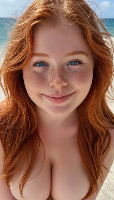 Chubby 18 year old girl, long ginger hair, smiling, full body view, huge tits, big breasts, pretty, perfect face, light blue eyes, cute, closeup, giant boobs, full body photo, beautiful face, standing on the beach, legs spread, pink pussy, chubby, photorealistic, fluxenh4nce, freckles, godpussy, <lora:MJ52:.3>, <lora:FLUXEnh4nce:.5>, <lora:SdXL_better freckles_epoch_16:.5>, <lora:SDXL_GodPussy_v1:1.1>