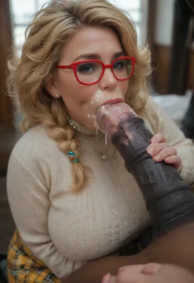 Irish milf, pov blowjob, deepthroat, penis deep in her mouth, sucking hard, holding penis, red glasses, blonde braided hair, cute, happy, beige sweater, yellow plaid skirt, late breasts, chubby, super big hair, ((black equine penis, grey pantyhose, black heels, pearl necklace)), side view, ((cum explosion on her face:2))
