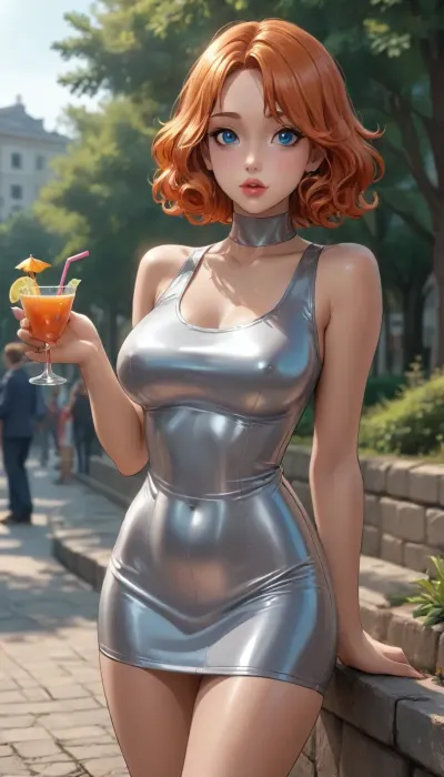 (tamada heijun meets reiq style), 21 years old, natural orange wavy hair, bob haircut with large curls, slightly oval face, bright blue eyes, round chin, wide eyes, big mouth, plump lips, pointed protruding breasts, round ass, long slender legs, perfect knees, outdoors, in park, in silver skin-tight extremely short cocktail minidress with metallic sheen, ultimatively short dress, extremely low neckline, breasts almost out, (orange ginger hair)