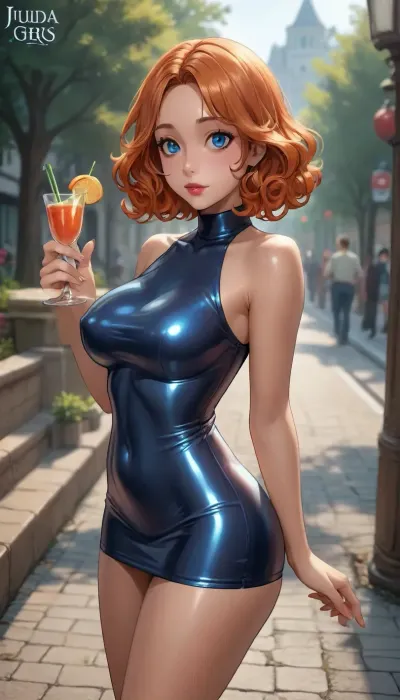 (tamada heijun meets reiq style), 21 years old, natural orange wavy hair, bob haircut with large curls, slightly oval face, bright blue eyes, round chin, wide eyes, big mouth, plump lips, pointed protruding breasts, round ass, long slender legs, perfect knees, outdoors, in park, in silver skin-tight extremely short cocktail minidress with metallic sheen, ultimatively short dress, extremely low neckline, breasts almost out, (orange ginger hair)
