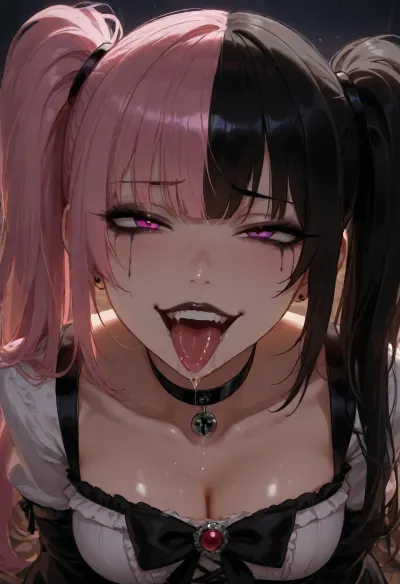 anime style, masterpiece, best quality, perfect face, perfect body, dynamic composition, dynamic angle, BREAK, beautiful woman, gyaru, (((twintails:1.5), split-colour hair, black_and_pink_hair, gothic_clothing, gothic_victorian_choker, dark_makeup)), drop eyes, pearl skin, ((naughty face)), open mouth, tongue out, (drool:1.3)