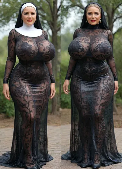extremely beautiful sexy nun, ((she is showing off her perfect breasts:1.2)), (massive breasts:1.9), ((puffy erect nipples poking through holes in her clothes)), refined elegant face, high cheekbones, red lipstick, slutty smile, (extremely pretty mature woman:1.9), voluptuous, curvy, extremely tempting, sunny floral field, extremely detailed background, (transparent dress:1.9), (skin-tight elegant simple see-through black nun clothes:1.9), simple belt, dress open at the front, her massive breasts exposed, detailed undecorated see-through simple dress, (face close-up), amorous face, ultra lovely face, ideal body, ultra detailed, ultra realistic, longnips, <lora:milkers_v2:1.4>, <lora:longnipsxl:.8>, <lora:MJ52:.8>