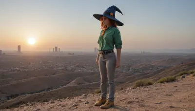 ((in avant‑garde painting style), (pop-art style), (cartoon style), (comix style)), short cheerful red-haired freckled girl, (boyish figure), blue wide-brimmed pointed hat, green oversized men's shirt, men's long wide orange tie, gray oversized men's wide trousers with turned-up legs and belted with leather belt, yellow shoes, clothes clearly from someone else's shoulder, around dull almost moon-like landscape to the horizon, gray rocks and gray sand under a pale yellow sky, huge ominous skyscrapers and towers of a cyberpunk-style city on horizon, the bright appearance of the girl contrasts with the gray-pastel range of the surroundings and the gloomy dark perspective of the city, sun or other light sources are not visible, lighting is even almost without shadows, girl stands on right side of frame sideways to viewer, half-turned, thoughtfully looking at city, view from aside.

side view, grey rocky desert, city on horizon, yellow sky, may be alien planet, girl drawn in very bright neon colors, hard contrast colors, (orange tie:1.4), (grey trousers:1.4), (green shirt:1.5), (blue witch-style hat:1.5), (single:1.7), (solo:1.7), (whole body visible:1.7)
