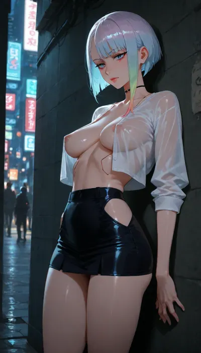 lucy from cyberpunk, nude, skirt, in night city, outdoor, in a quiet alley, perfect body, transparent shirt, skinny, tits pressed against wall