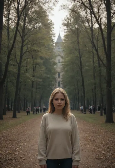 RAW photo of, blond, theatre, tree, spire, high quality, beautiful, golden hour, 8k uhd, dslr, soft lighting, film grain, Fujifilm XT3, extremely detailed, saint petersburg, <lora:piter-step00022500:1>