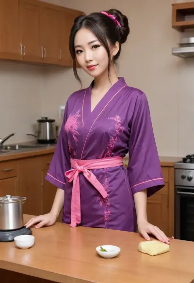 (scene from hand-drawn hentai manga:1.7), hot japanese busty milf, ordinary housewife, (fully open kimono), typical japan kitchen as background