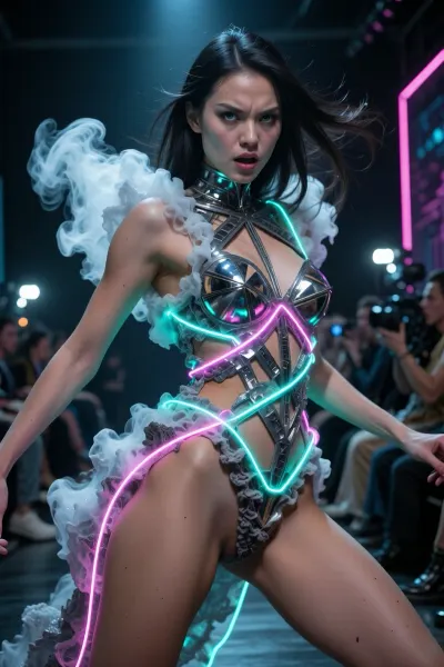 A dynamic, ultra-trendy full-length shot of a striking model in motion, capturing an unconventional, avant-garde pose on a futuristic catwalk. Her face conveys an intense, fierce emotional expressiveness, brimming with energy and strength. She is wearing a surreal, whimsical haute couture ensemble, crafted from structured, solidified volcanic smoke interwoven with kinetic, glowing neon fibre-optic cables that wrap around her body in geometric patterns. Her body’s anatomy is sharply defined, and her flawless, natural skin, with visible pores, is visible from head to toe. Her eyes are wide open and mesmerising, revealing intricate macro-details of luminous, multi-layered irises and realistic, shimmering reflections. The dramatic motion blur effect in the background, with the blurred silhouettes of the fashion show audience and camera flashes, conveys a sense of high energy. Contrast-rich lighting on the catwalk with deep shadows, neon blue and bright pink contour lights, 8K resolution, (a cinematic masterpiece)