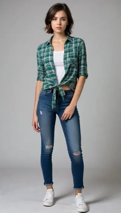 (model casting photograph), slim brunette looking like 19 years old, (very short boyish haircut), extremely pretty face, paper-white skin, boyish figure, boyish flat chested, bright green eyes, small ass, narrow hips, long slender legs, she's right in front of camera, looking right in camera, full eye contact, she's absolutely free and calm, doing everything they said without objections, simple white cyclorama behind her as background, photo studio setting.

wearing unbuttoned cotton plaid shirt tied at the waist, skinny jeans with sneakers, (fully open shirt, naked under shirt)