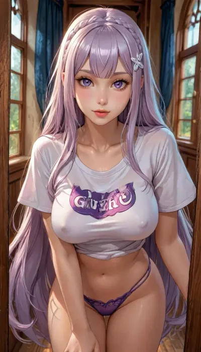 (masterpiece), reiq style, (high resolution), emilia from re-zero, mid 30s, fair skin, slender, narrow face, freckles, tattoos, large breasts, erect nipples, ((hyper long hair)), ((hair goes past her waist)), purple hipster panties, oversized white t-shirt, cleavage, no bra, thong straps showing, slightly bending forward, view down her shirt, <lora:add-detail-xl:1.2>, <lora:attractive_notrigger:1.2>, <lora:detailed_notrigger:1.2>, <lora:LCMTurboMix_Euler_A_fix:1.2>