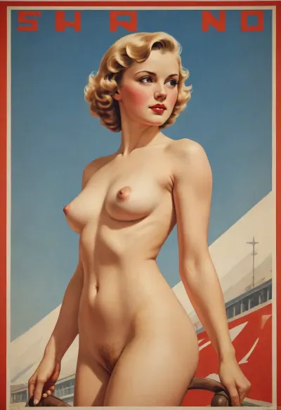 (in style of hand-drawn Soviet sports posters of the 1930s to 1950s), solo athletic girl in sport activities, simple high contrast color background, (fully nude, completely naked), (full-body view)