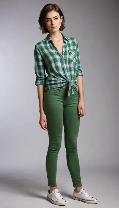(model casting photograph), slim brunette looking like 19 years old, (very short boyish haircut), extremely pretty face, paper-white skin, boyish figure, boyish flat chested, bright green eyes, small ass, narrow hips, long slender legs, she's right in front of camera, looking right in camera, full eye contact, she's absolutely free and calm, doing everything they said without objections, simple white cyclorama behind her as background, photo studio setting.

wearing unbuttoned cotton plaid shirt tied at the waist, skinny jeans with sneakers, (fully open shirt, naked under shirt)