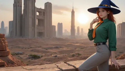 ((in avant‑garde painting style), (pop-art style), (cartoon style), (comix style)), short cheerful red-haired freckled girl, (boyish figure), blue wide-brimmed pointed hat, green oversized men's shirt, men's long wide orange tie, gray oversized men's wide trousers with turned-up legs and belted with leather belt, yellow shoes, clothes clearly from someone else's shoulder, around dull almost moon-like landscape to the horizon, gray rocks and gray sand under a pale yellow sky, huge ominous skyscrapers and towers of a cyberpunk-style city on horizon, the bright appearance of the girl contrasts with the gray-pastel range of the surroundings and the gloomy dark perspective of the city, sun or other light sources are not visible, lighting is even almost without shadows, girl stands on right side of frame sideways to viewer, half-turned, thoughtfully looking at city, view from aside.

side view, grey rocky desert, city on horizon, yellow sky, no sun, may be alien planet, girl drawn in very bright neon colors, hard contrast colors, (orange tie:1.4), (grey trousers:1.4), (green shirt:1.5), (blue witch-style hat:1.5), (single:1.7), (solo:1.7), (whole body visible:1.7)