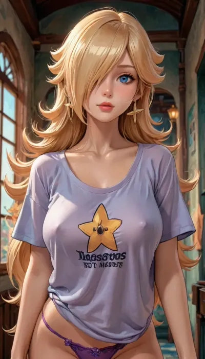 (masterpiece), reiq style, (high resolution), princess Rosalina, mid 30s, fair skin, slender, narrow face, freckles, tattoos, large breasts, erect nipples, ((hyper long hair)), ((hair goes past her waist)), purple hipster panties, oversized white t-shirt, cleavage, no bra, thong straps showing, slightly bending forward, view down her shirt, <lora:add-detail-xl:1.2>, <lora:attractive_notrigger:1.2>, <lora:detailed_notrigger:1.2>, <lora:LCMTurboMix_Euler_A_fix:1.2>