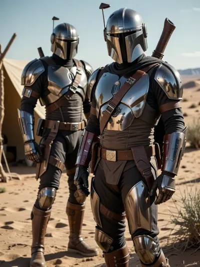 Grogu and A mandalorian standing guard with his intricate shiny metal mechanical armor in a dessert near a desert camp, character portrait, cinematic shot, dynamic lighting, 75mm, Technicolor, Panavision, cinemascope, sharp focus, fine details, 8k, HDR, realism, realistic, key visual, film still, cinematic color grading, depth of field.