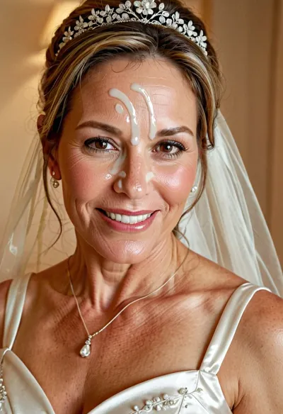 3/4 body shot of happy 50-year-old woman wearing wedding dress with cum on her forehead, facial, <lora:Facials:.5>