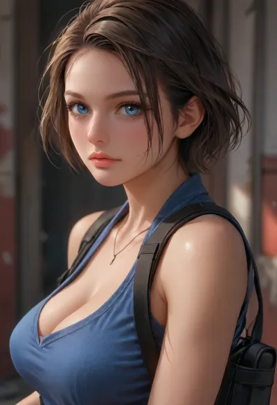 Portrait of a sexy woman, (((35 y.o))), (((Jill Valentine from Resident Evil hairstyle))), ((sleeveless blue shirt, holster)), ((pale skin)), (tall face), (dark brown hair:1.5), (side-parted layered bob), (grayish-blue eyes), (athletic body), looking at viewer, ((large breasts)), ((half body view)), view from side, skin details, (focus on face), futuristic-fantasy-anime, <lora:Midjourney Image Enhancer XL v1:.6>, <lora:attractive_notrigger:.6>, <lora:futureistic_fantasy_anime_sdxl_v1:.8>, <lora:photorealistic_portrait_notrigger:.8>, <lora:CuteLora:.5>