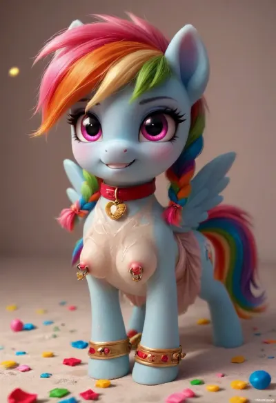 The style of the 50s, masterpiece, best quality, ultra-detailed, photorealistic, highres, 4k, original, maximum details, high quality, high resolution, (anthro my little pony furry yiff style art), ultra high detailed character, highly detailed, Perfect face, perfect body, perfect eyes, perfect pupils, perfect fingers, sexy pony, S Cute girl, (pony girl, perfect beauty, cute face), pink hair, short messy braided hair, two braids, blue eyes, bare shoulders, collar, long big firm silicone breast, long breasts, Puffy nipples, (erect pink nipples, chained nipple clamps), smooth skin, tiny waist, wide hips and round ass, big ass, nipple ring pierc shadows, (dark shadows:.9), bright light patches, well-lit scene, (high contrast:1.8), (maximum quality:1.5), (high resolution:1.5), (ultra realism:1.5), ((focus on body:2)), (colorful:1.4), (brightness:1.4), professional photography, ral-ltlpowny, (Rainbow Dash), mlp, (((pony, chibi))), evening hairstyle, angry face, smile, showing teeth, makeup, perfect tail, rosy cheeks, furry, anthro, hooves on the feet, cute fluffy doll dress, cute blue stockings, little bows, best angle, close view, white background, confetti, double, middle, finger, <lora:ral-ltlpowny-sdxl:1.9>, <lora:Pony_MLP_v1.8SDXL:.8>, <lora:doublemiddlefingerXLv1:2>, <lora:Tail_Plug__SDXL:2>