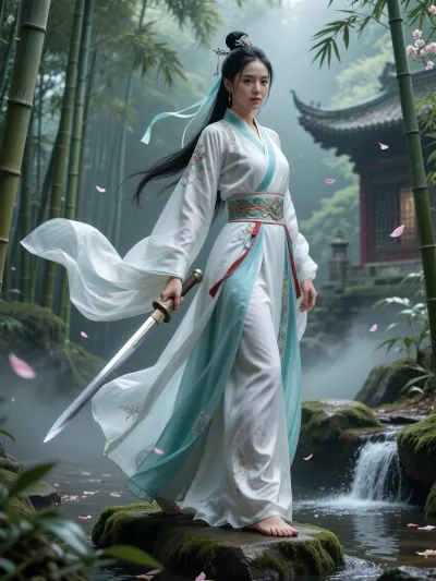 A beautiful Wuxia female sword warrior standing in an ancient Chinese bamboo forest surrounded by soft mist. She wears an elegant flowing white and turquoise silk robe with subtle red accents, long wide sleeves, delicate embroidery, and a traditional ornate belt. Her long black hair is styled in an elegant traditional updo with decorative hairpins. She holds a slender Chinese Jian sword in one hand.

She stands gracefully on a moss-covered stone near a small waterfall, surrounded by bamboo, ancient temple ruins, drifting flower petals, and a calm mystical atmosphere. Her silk garments and hair ribbons move gently in the wind. Her expression is calm, confident, and noble, like a legendary heroine from a classic Wuxia film.

Realistic cinematic movie still, ultra realistic, natural human face, highly detailed fabric textures, realistic silk, authentic Chinese historical fantasy atmosphere, elegant martial arts pose, dramatic lighting, shallow depth of field, epic film scene, 8k cinematic photography.