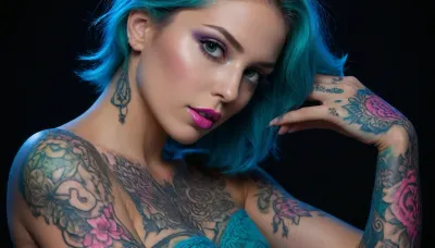 hyper-detailed, and emotionally evocative image depicting a human subject, (male or female), adorned with advanced UV-reactive tattoos and/or body art. The image must showcase the profound aesthetic and technical synergy between the subtle, often invisible, nature of these artworks in normal light and their vibrant, otherworldly luminescence under UV blacklight. The goal is to create a visually arresting narrative that highlights the transformative power of light on the human form, revealing hidden stories, intricate patterns, and a profound connection between art, body, and spectral energy. The subject should exude confidence, artistry, and an ethereal allure, with every luminous detail contributing to a cohesive, high-art aesthetic.
Light Sources, The primary illumination must be a precisely controlled, pervasive UV-A, (365nm), blacklight source, strategically positioned to activate the fluorescent properties of the body art and tattoos. Subtle, diffused neon light elements, (e.g., thin linear tubes, abstract shapes), may be used as background accents or to create soft rim lighting, but must not overpower the UV-induced glow. No other visible light contamination is permitted. The lighting should sculpt the subject's form and accentuate the contours of the body art.
Model, A human model female with a strong, artistic presence. Their pose should be intentional and expressive, emphasizing the flow and detail of the body art. The model's skin should be clean and well-prepared to maximize fluorescence.The subject must be adorned with, UV-Reactive Tattoos, Intricate, high-detail tattoos executed with specialized UV-reactive ink. These tattoos should be largely invisible or subtly present in normal light, but glow vividly, (e.g., electric blue, vibrant green, hot pink), under UV-A blacklight. The designs should be complex, artistic, and integrated with the body's anatomy.
UV-Reactive Body Art, Elaborate body paint or temporary applications using high-intensity fluorescent pigments. These designs should complement or extend the permanent tattoos, creating a layered spectral effect. Patterns could be geometric, organic, or narrative-driven.
Makeup, Minimalist, UV-reactive makeup, (e.g., fluorescent eyeliner, subtle glowing lip tint), that enhances facial features without distracting from the body art. Hair, Hair styled to complement the body art, possibly with subtle UV-reactive highlights or a slee