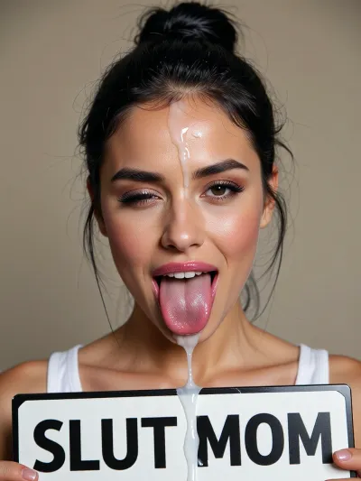 1girl, MILF, bimbo, whore, slut, slutty face, black hair, hair is tied in a bun, lush hair, pink lipstick, large lips, duck lips, perfect face, detailed, (rolling eyes), tongue, excessive cum, front view, cum on hair, clothed, white highlights, lust, passion, ecstasy, hold a sign on which it is written text "SLUT MOM"