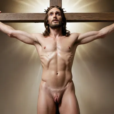Nude Jesus christ crucified, penis erection, ejaculating