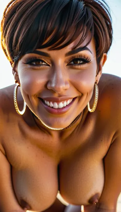 POV, incredibly beautiful latin woman with medium-sized big boobs, ((nude)), bending over and looking at viewer, short brown pixie hair with bangs, big hoop earrings, naughty closed smile, heavy makeup, backlit by the sun, award winning photo, 4k, intricate, realistic, from, below